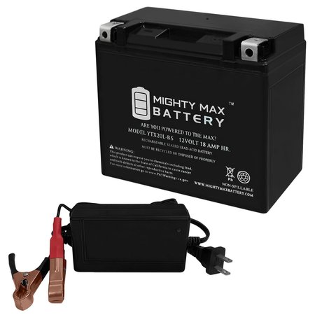 MIGHTY MAX BATTERY YTX20L-BS Battery Replaces Jetski ATV Motorcycle With 12V 4Amp Charger MAX3872604
